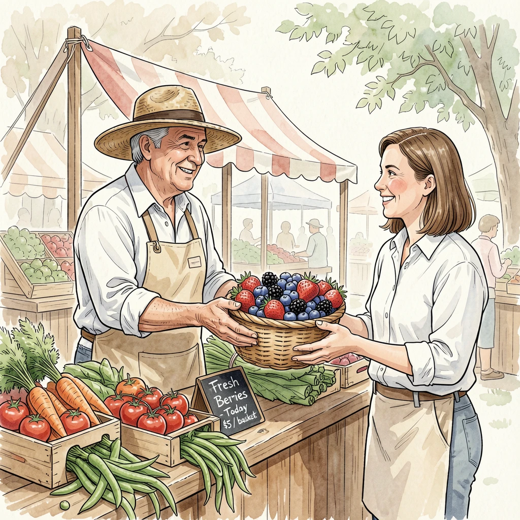 A farmer's market vendor handing a customer a basket of fresh berries, the scene full of small, comforting details.