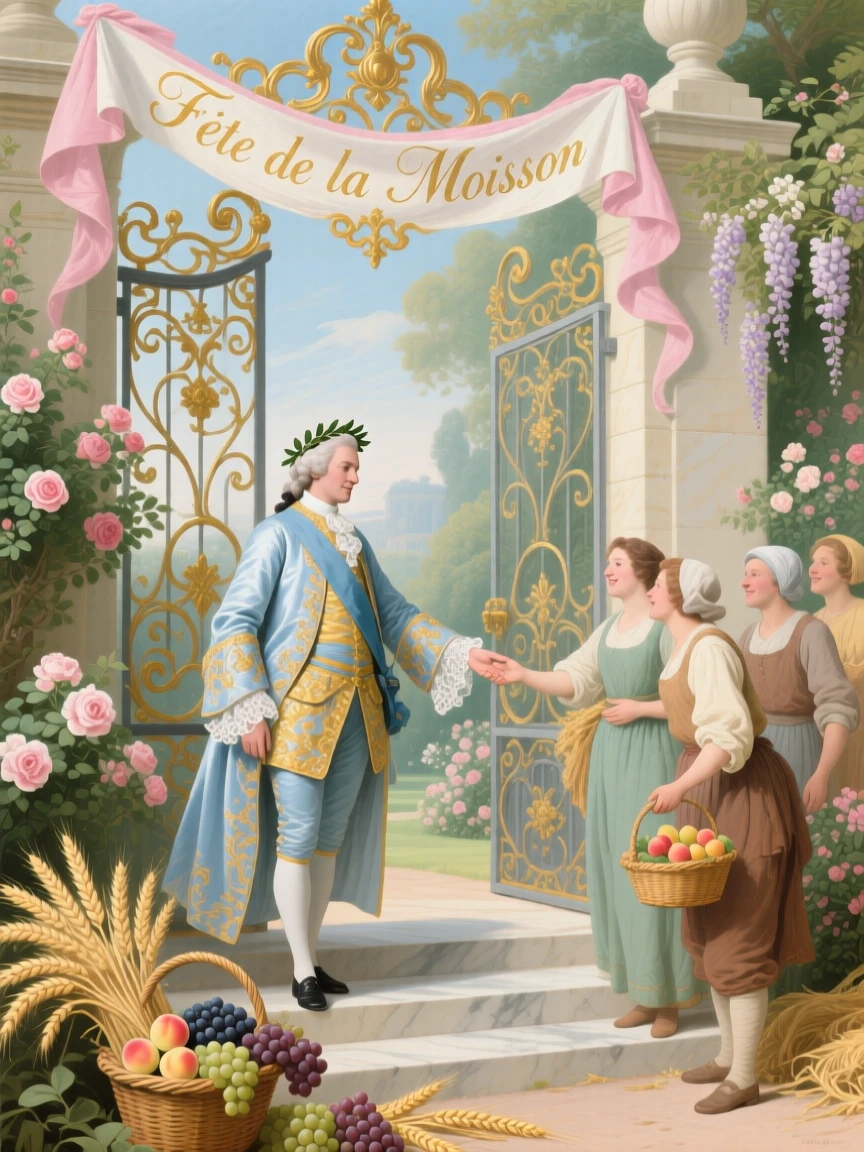A king greeting farmers during a harvest celebration at the palace gates  