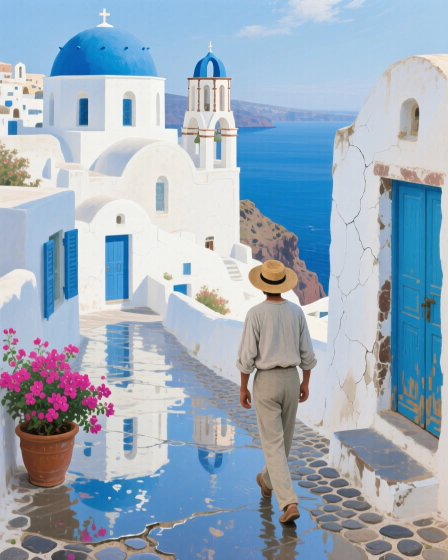 The white-washed buildings of Santorini overlooking a deep blue sea, as reflections shimmer across nearby water or wet pavement, celebrating the architectural wonder and cultural richness of the location