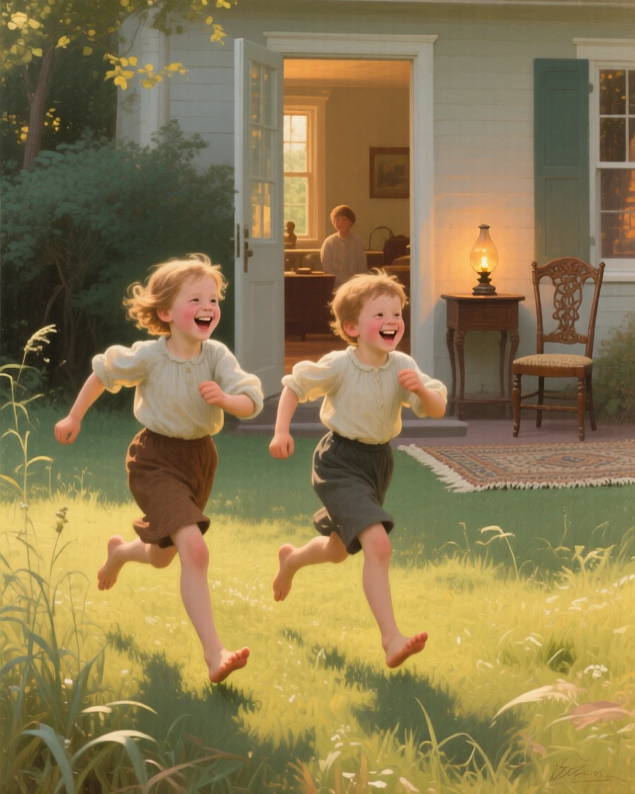 Childhood friends racing barefoot across a sunlit meadow as laughter and love fill an otherwise ordinary afternoon, set within a cozy home lit by late afternoon sun, with soft golden light catching genuine, unguarded smiles; warm, low light wraps the family in a comforting glow, suggesting the enduring bonds between generations.