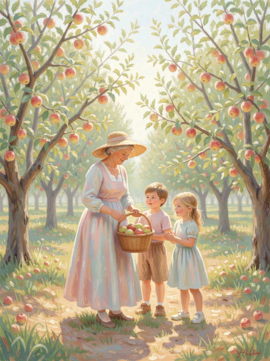 A grandmother and her grandchildren picking apples together in a sunlit orchard, in early spring, conveying a feeling of romance and tranquility.