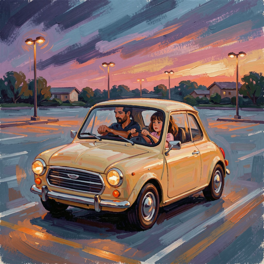 A father teaching his daughter to drive in an empty parking lot at dusk.