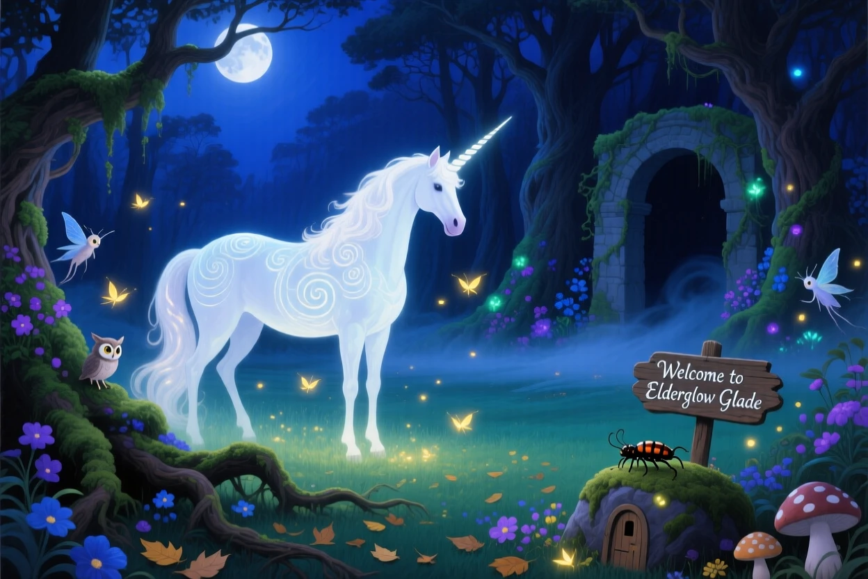 A glowing unicorn stands at the edge of an enchanted forest clearing, its spiraled horn catching moonlight as fireflies drift through the surrounding mist, the scale of the scene emphasized by tiny details that suggest an entire hidden world beyond the frame.