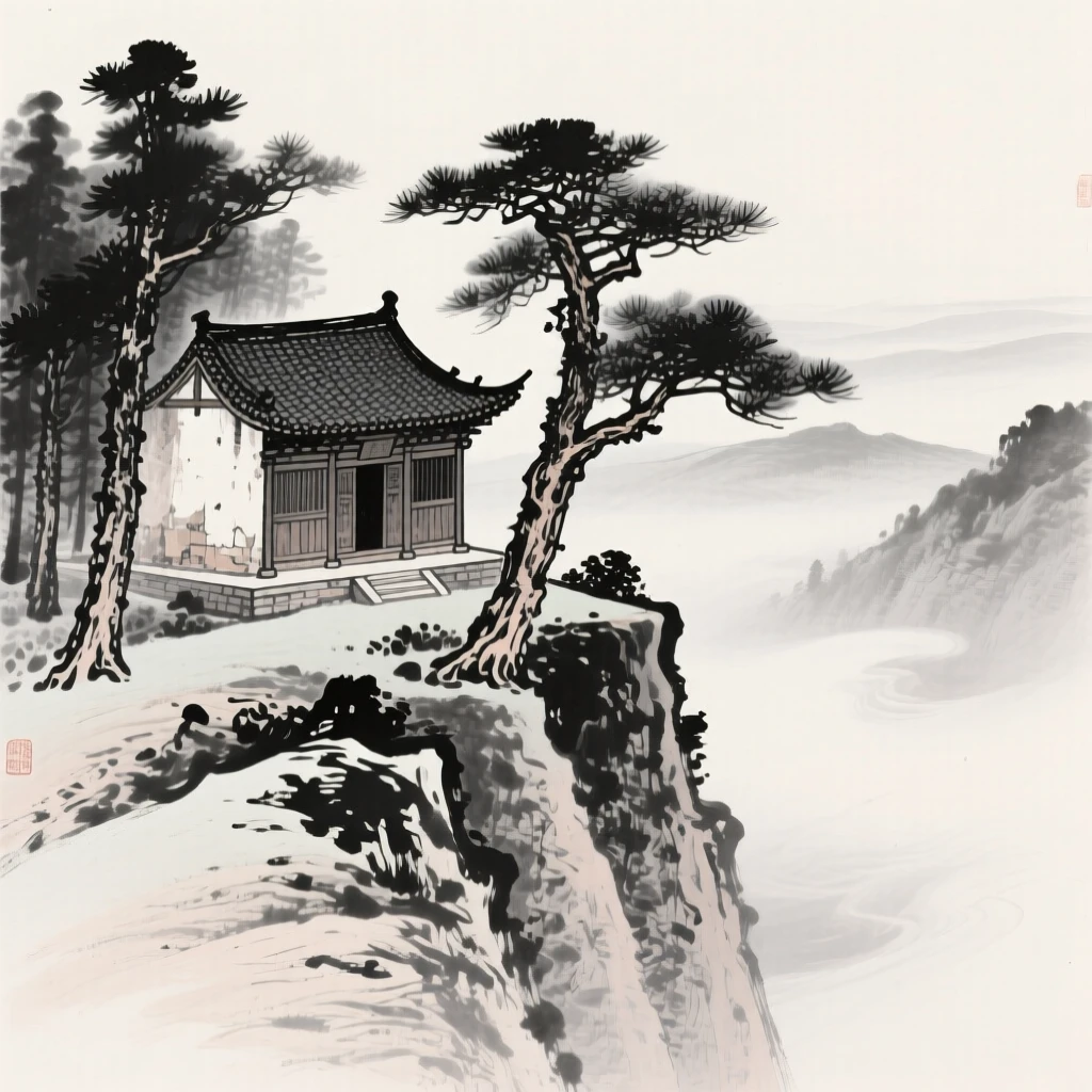 A weathered temple sits nestled among pine trees on a mountain slope, as mist settles over the valley below.