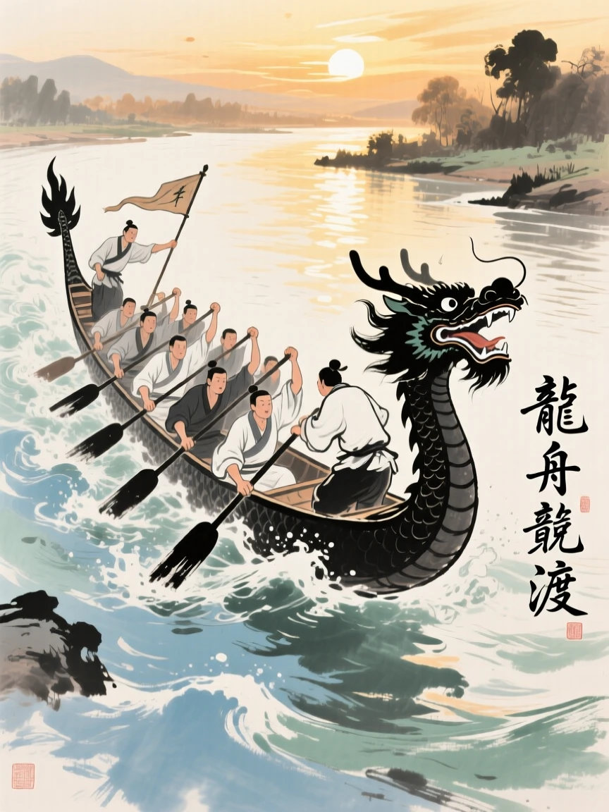 A dragon boat race with rowers straining against a swift river current, suffused with quiet joy, in the last golden light of day.