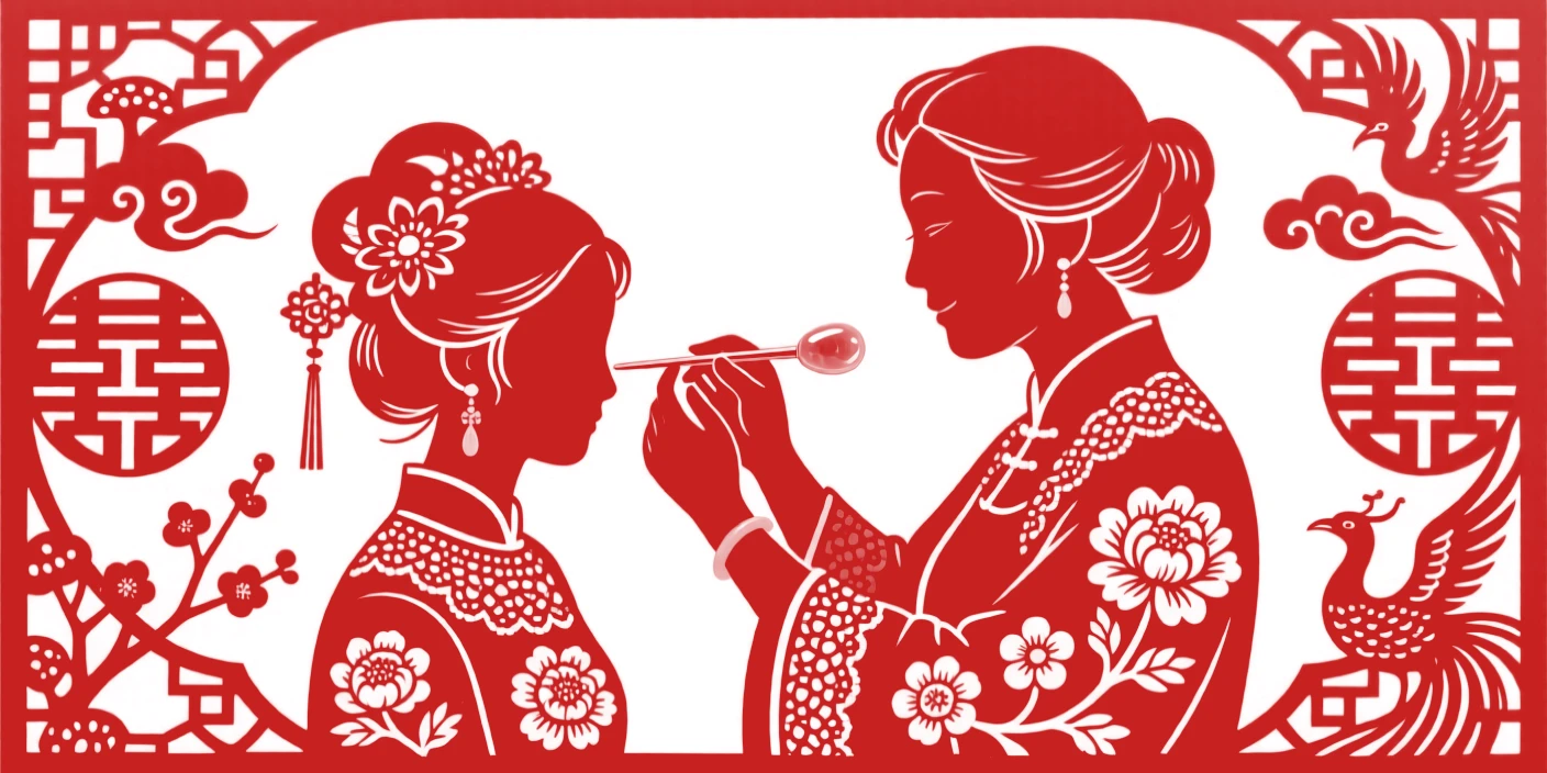 A bride's mother fastening a jade hairpin into her daughter's elaborate updo before the ceremony begins