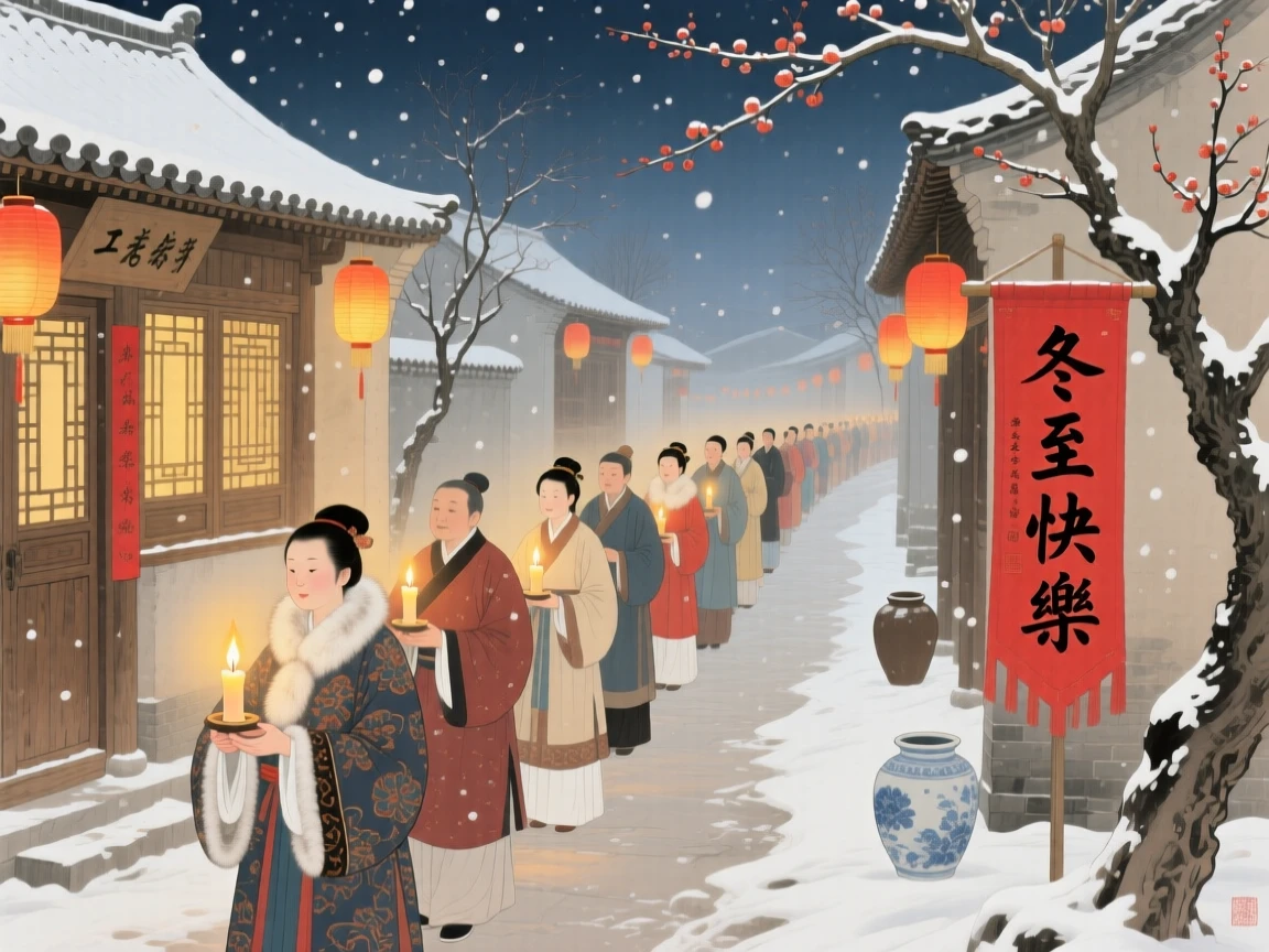 A candlelit procession through a village during a winter solstice festival