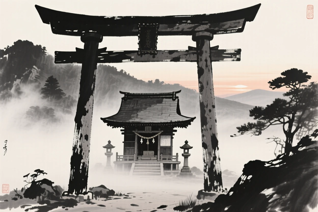 A secluded mountain shrine surrounded by drifting mist at dawn, framed through an archway or gate for depth, evoking centuries of quiet history and devotion.