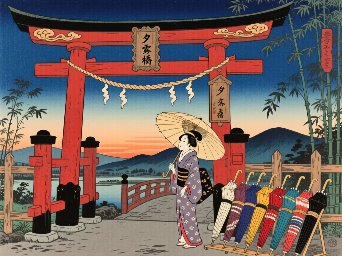 An umbrella seller standing watch beneath an ornate gate at twilight.