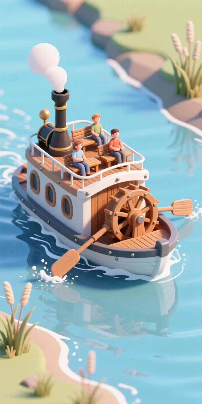 A steam-powered paddle boat cruising down a wide river, its wheel churning water, passengers relaxing on the upper deck.