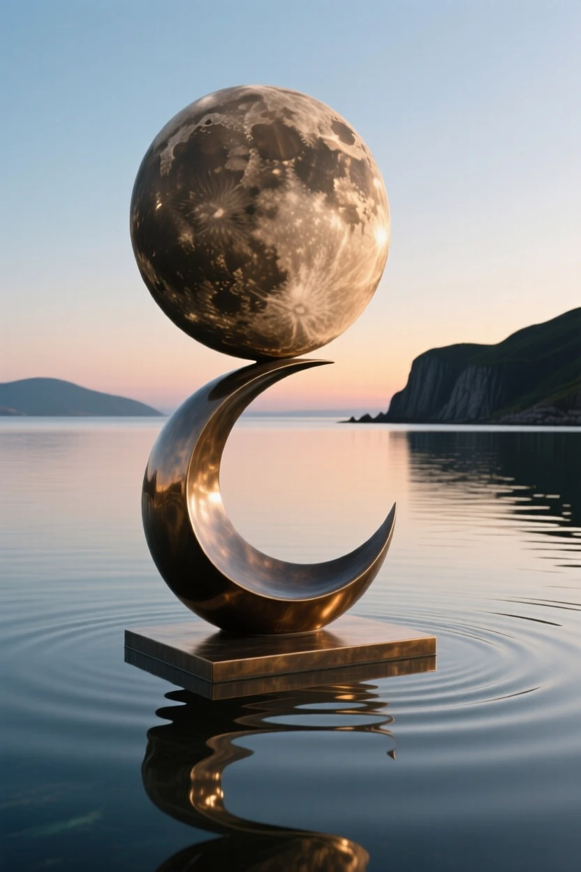 A tranquil moonrise over a calm, glassy bay, with a striking sense of depth and distance, offering a breathtaking sense of place