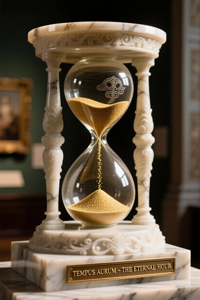 An elegant close-up study of an ornate hourglass with golden sand, composed with warm, dramatic lighting