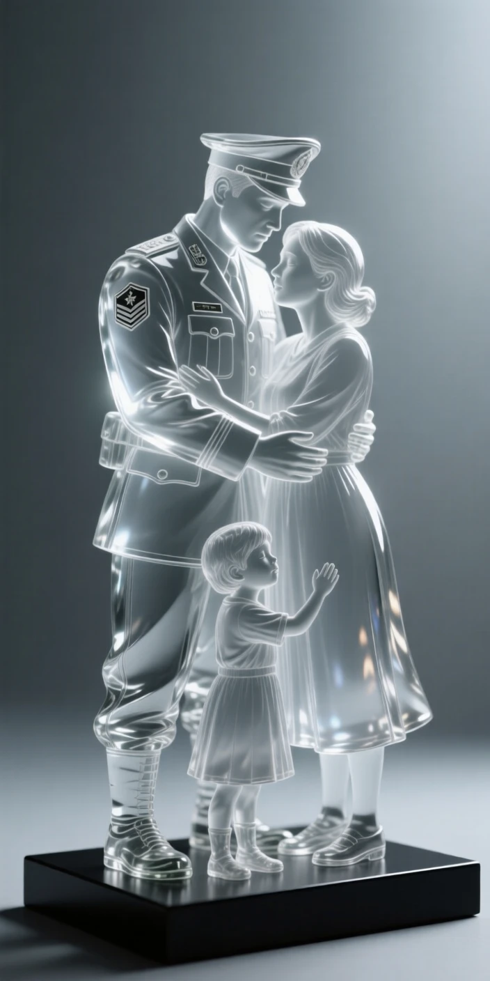 A soldier reuniting with family after time apart set against a simple blurred background, dramatic side lighting carving out the features, mood tender and heartfelt.
