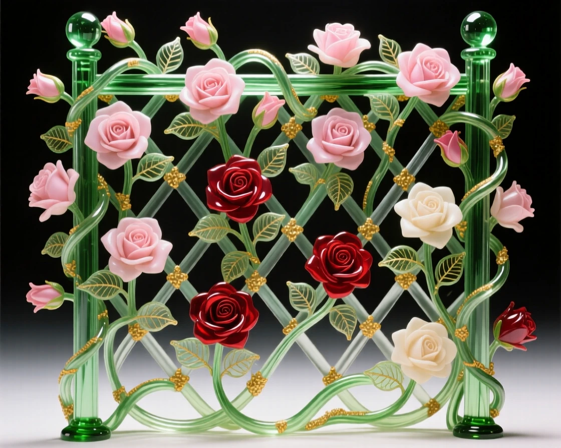 A garden trellis overflowing with climbing roses in full bloom, romantic and lush.