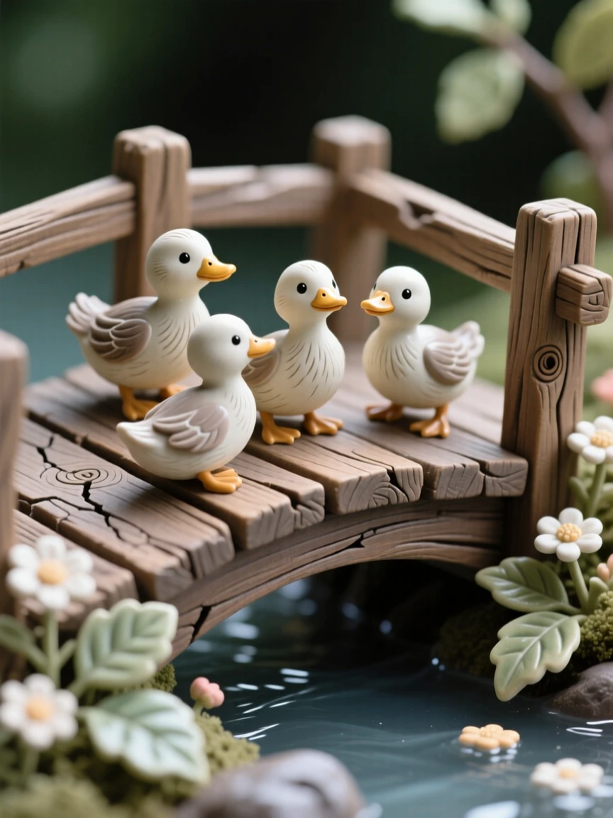 A duckling family crossing a wooden bridge frozen in a moment of quiet, gentle mischief, framed by miniature flowers and leaves, capturing the magic of imaginative make-believe.