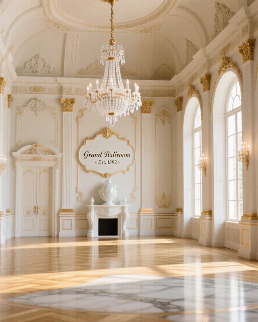 The ornate interior of a grand ballroom, polished floors reflecting golden light.