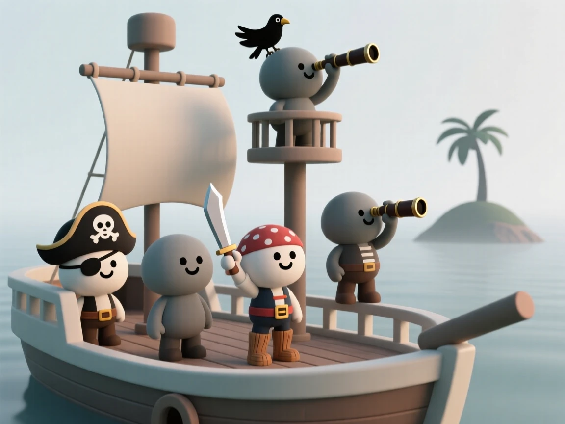 A band of pirates cheer together as their ship's lookout spots a distant island through the fog.