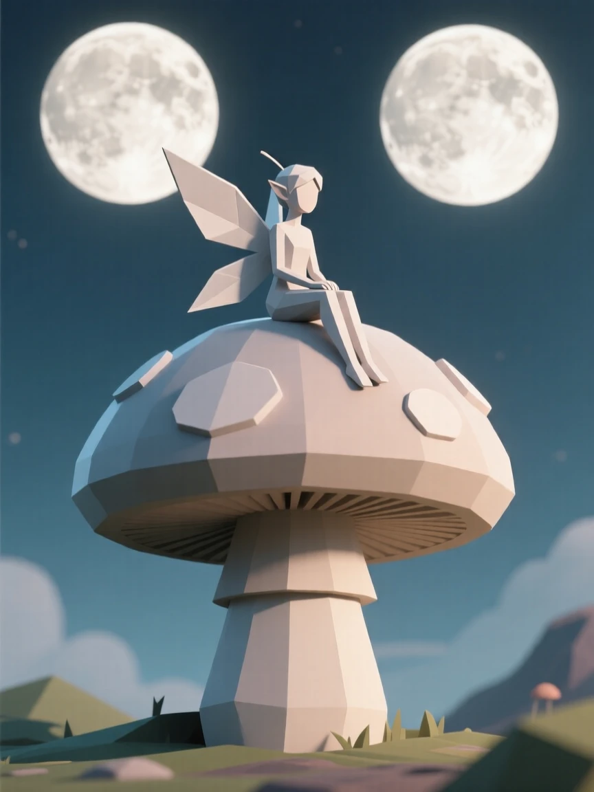 A fairy resting on a giant glowing mushroom, beneath twin moons glowing in the night sky. the scale of the scene emphasizes its grandeur. The atmosphere is epic and awe-inspiring.