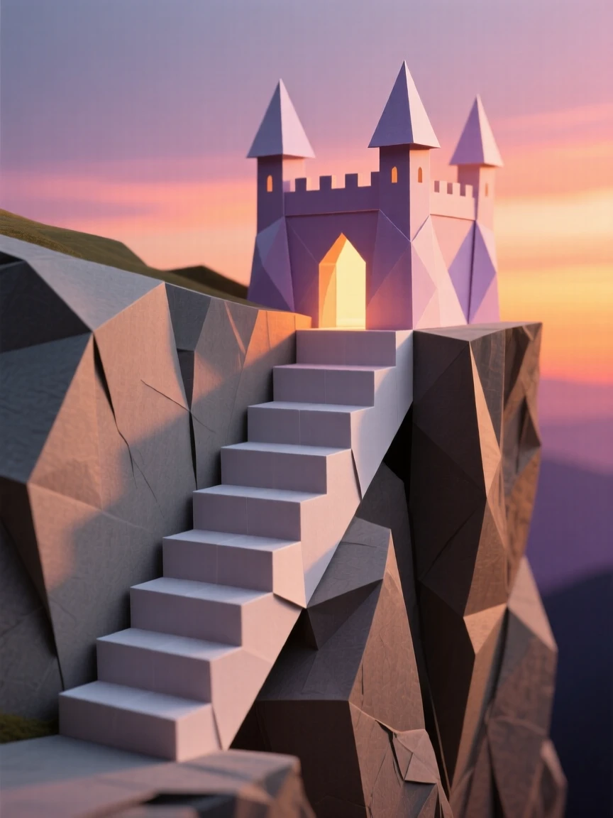 A hidden staircase carved into a cliffside leading up to a castle glowing at sunset.