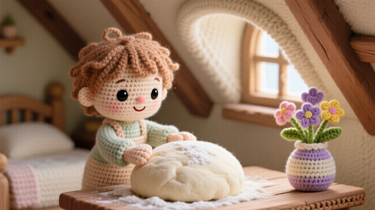 A tender everyday moment: a small child helping knead bread dough with flour dusted on their nose, pressing both palms into soft dough inside a snug attic bedroom under a sloped ceiling; a small vase of fresh garden flowers completes the scene, full of soft nostalgic coziness.