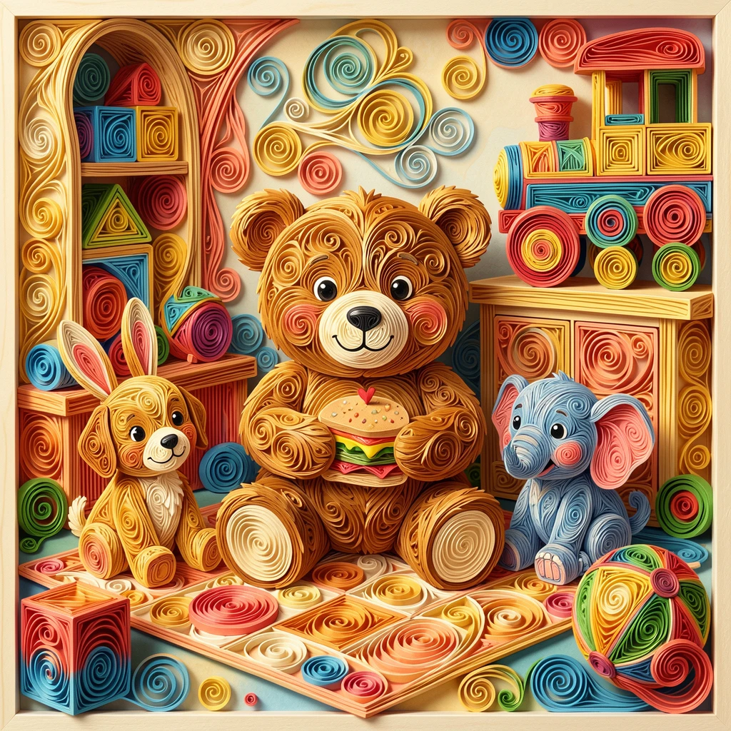 a teddy bear having a picnic with other stuffed animal friends, in a colorful playroom filled with toys, composed with a fun, exaggerated sense of scale, in warm sunny tones of gold and coral.