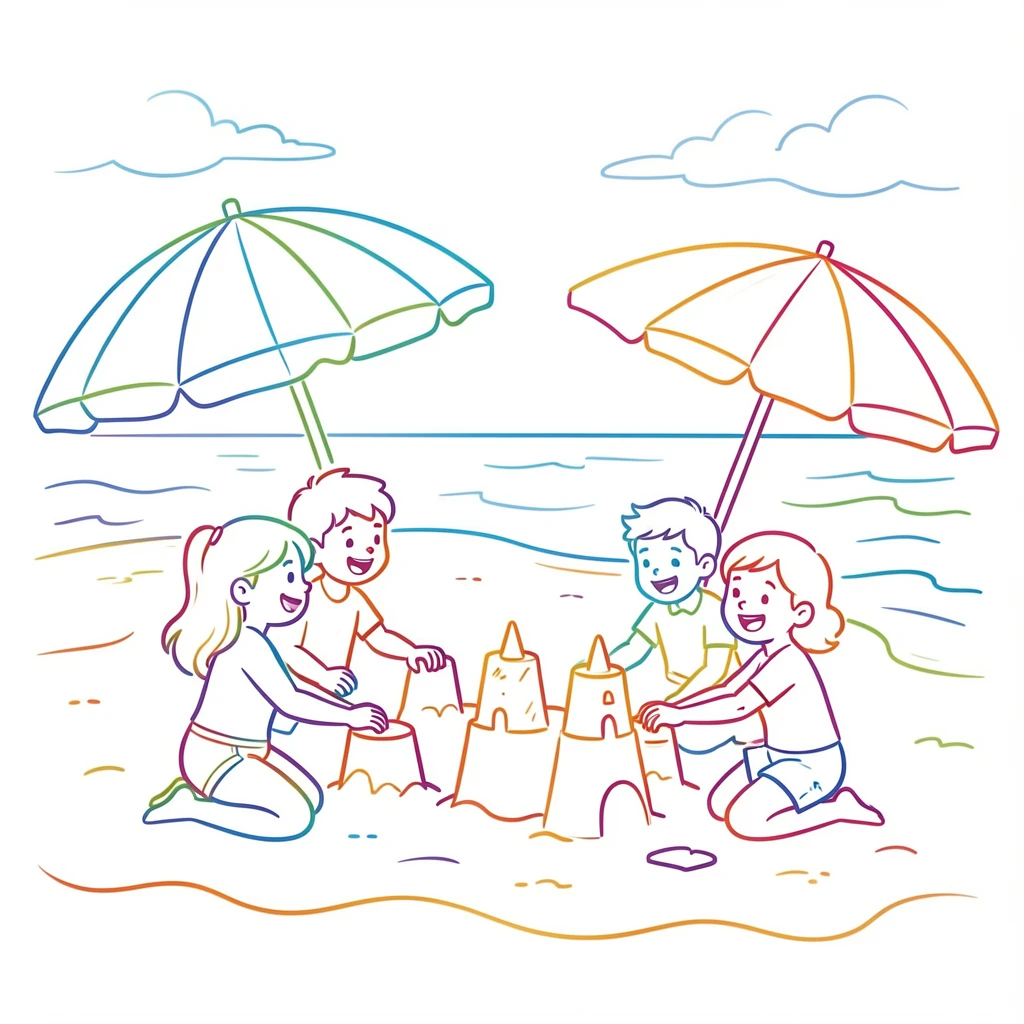A summer beach scene with striped umbrellas and children building sandcastles.