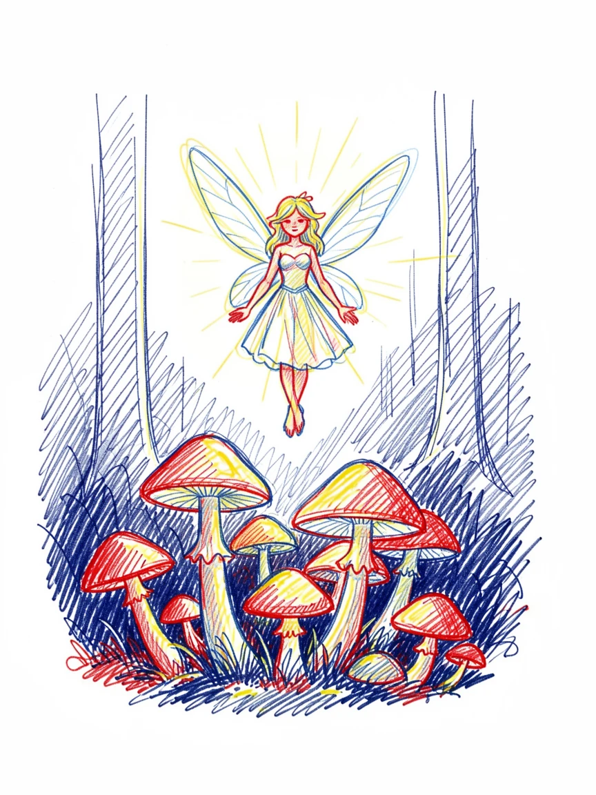 A glowing fairy hovering above a bed of luminous mushrooms in a dark forest