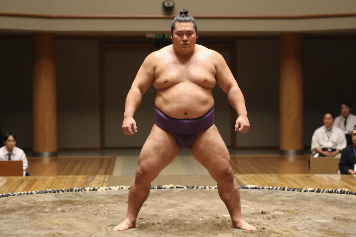 A sumo wrestler preparing for a match in traditional attire