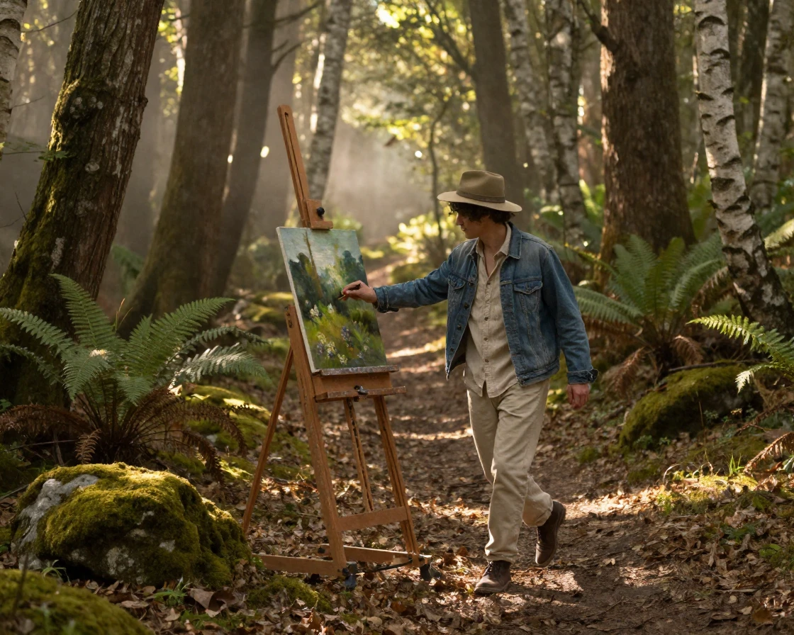 A painter at an easel moving in perfect harmony with one another along a forest trail