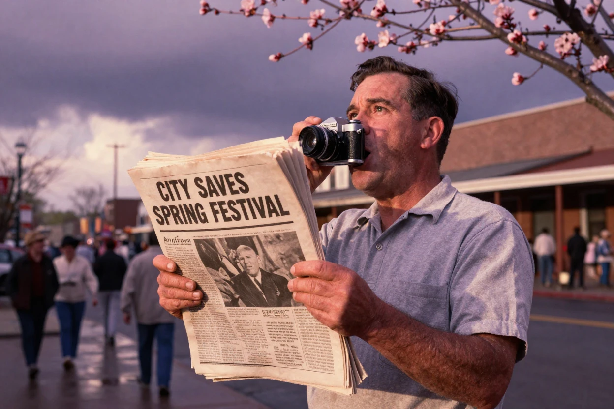 A newspaper vendor calling out headlines on a busy corner, under a glowing sunset sky, under a darkening storm sky, as spring blossoms unfurl, in dusty lavender and rose tones, in a tight close-up.