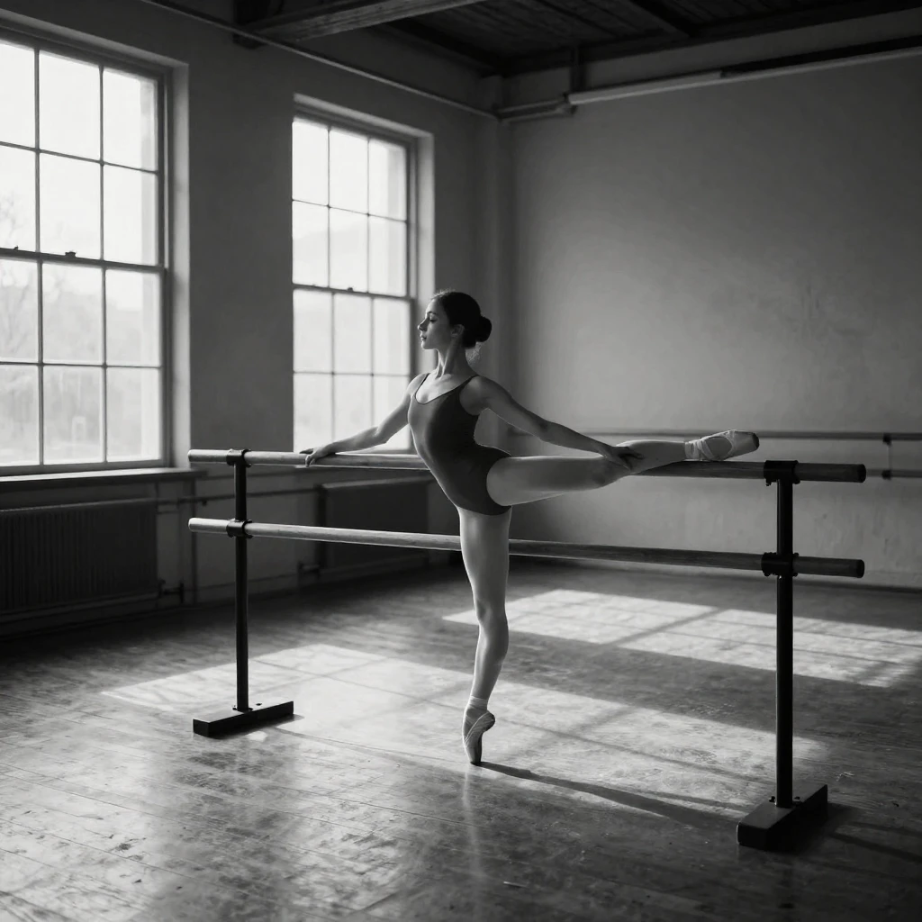 A ballerina stretches gracefully at the barre in an empty rehearsal studio.