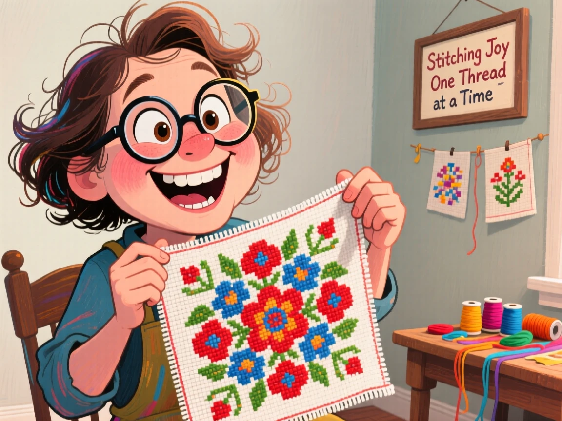 A cross-stitch hobbyist proudly displaying a finished intricate embroidery piece.