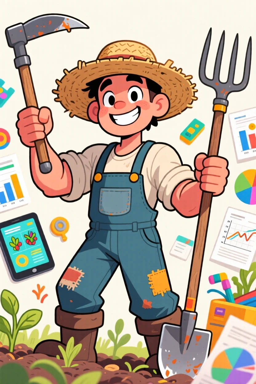 A vibrant profession-themed portrait of a hardworking farmer mid-task with sleeves rolled up and tools in hand, surrounded by charts, gadgets, and paperwork.