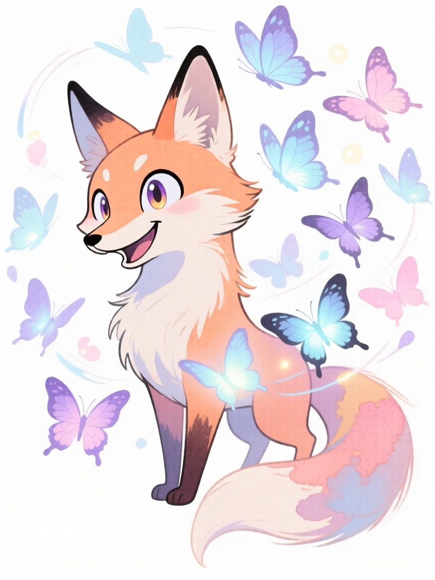 A mythical kitsune summoning a flock of glowing butterflies