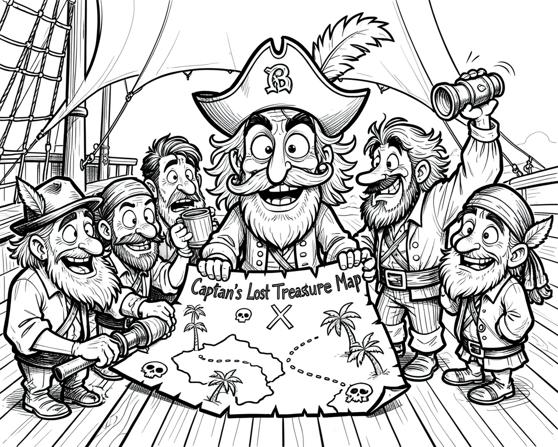 [Fantasy & Imaginative Scenarios] Imaginative fantasy scene of a pirate crew celebrating with a treasure map spread on deck, brimming with wonder