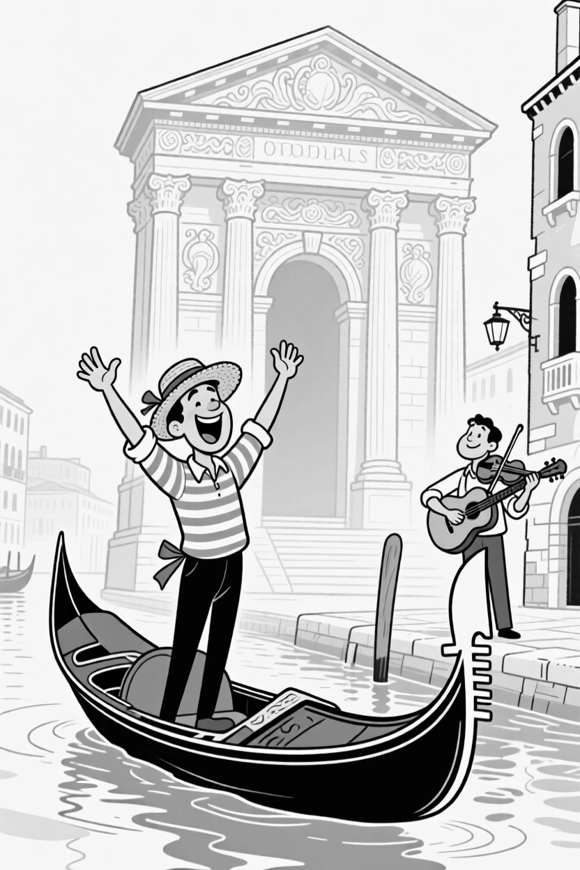 A gondolier singing enthusiastically down a canal, throwing both arms up in pure victorious joy, set in front of a towering ancient monument. A street musician plays gently in the background. It radiates wanderlust and the fun of getting a little lost.