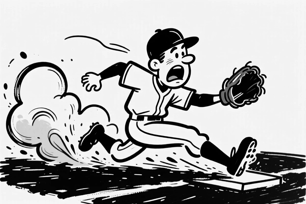 A baseball player sliding dramatically into home plate in a cloud of dust.