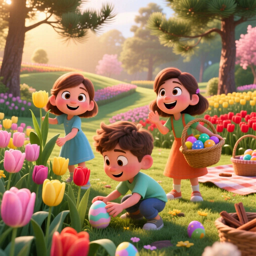 Kids hunting for hidden eggs in a spring garden happens in a garden bursting with spring tulips, with the scent of cinnamon and pine lingering nearby. A festive warmth and togetherness fill the scene.
