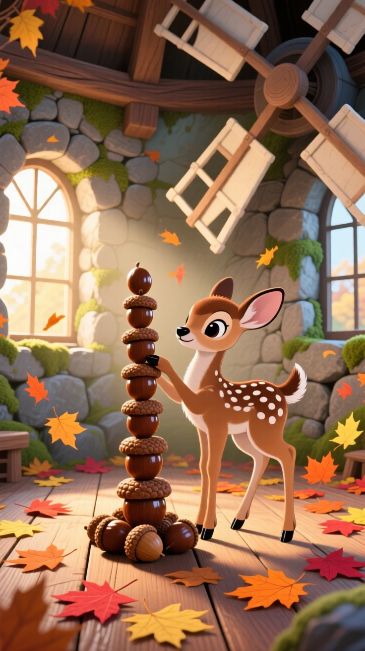 A spotted fawn is stacking acorns into a tower in an old stone windmill, with a trail of fallen leaves swirling around.