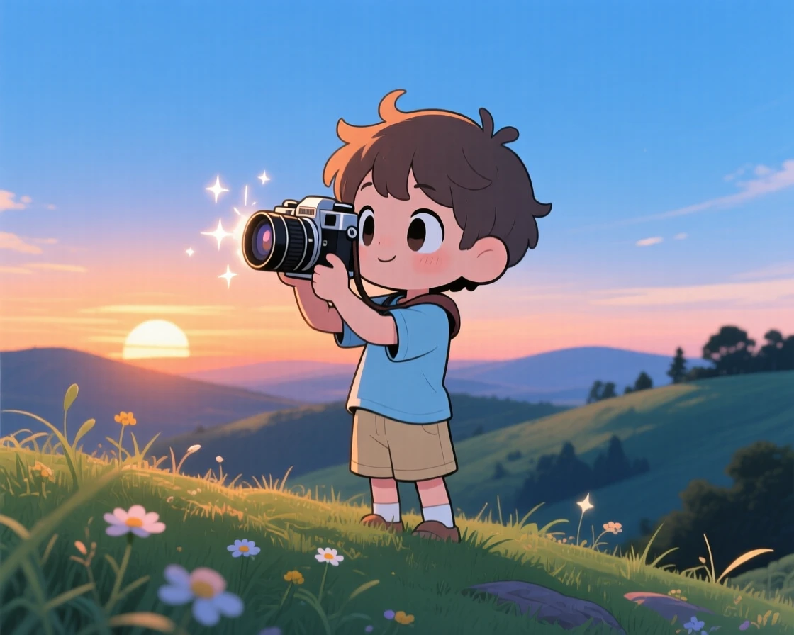 Over-the-shoulder view: a young photographer, capturing a sunset with an old camera, set against a scenic hilltop under a clear summer sky, with cool blue twilight glow and a mood of curious excitement.