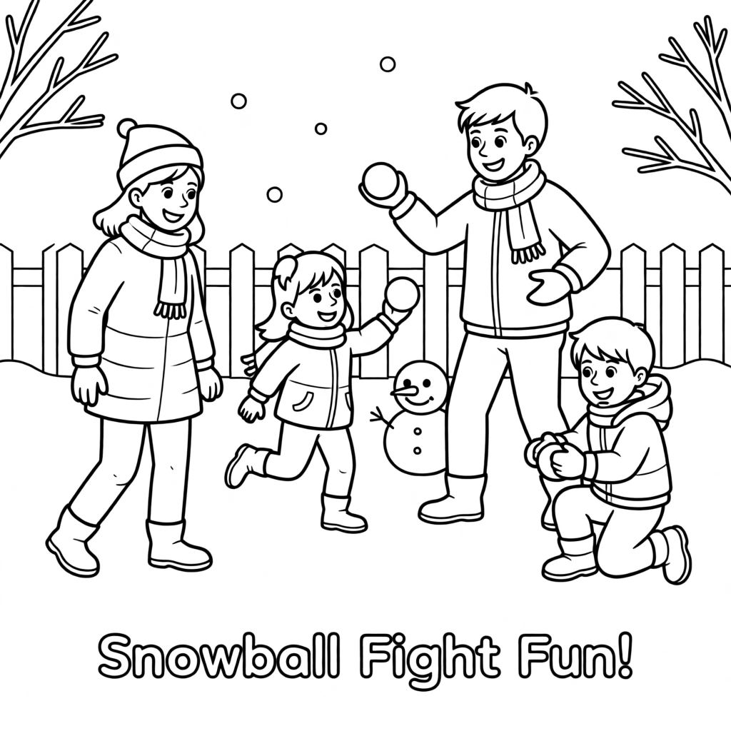 A family enjoying a snowball fight together in the yard