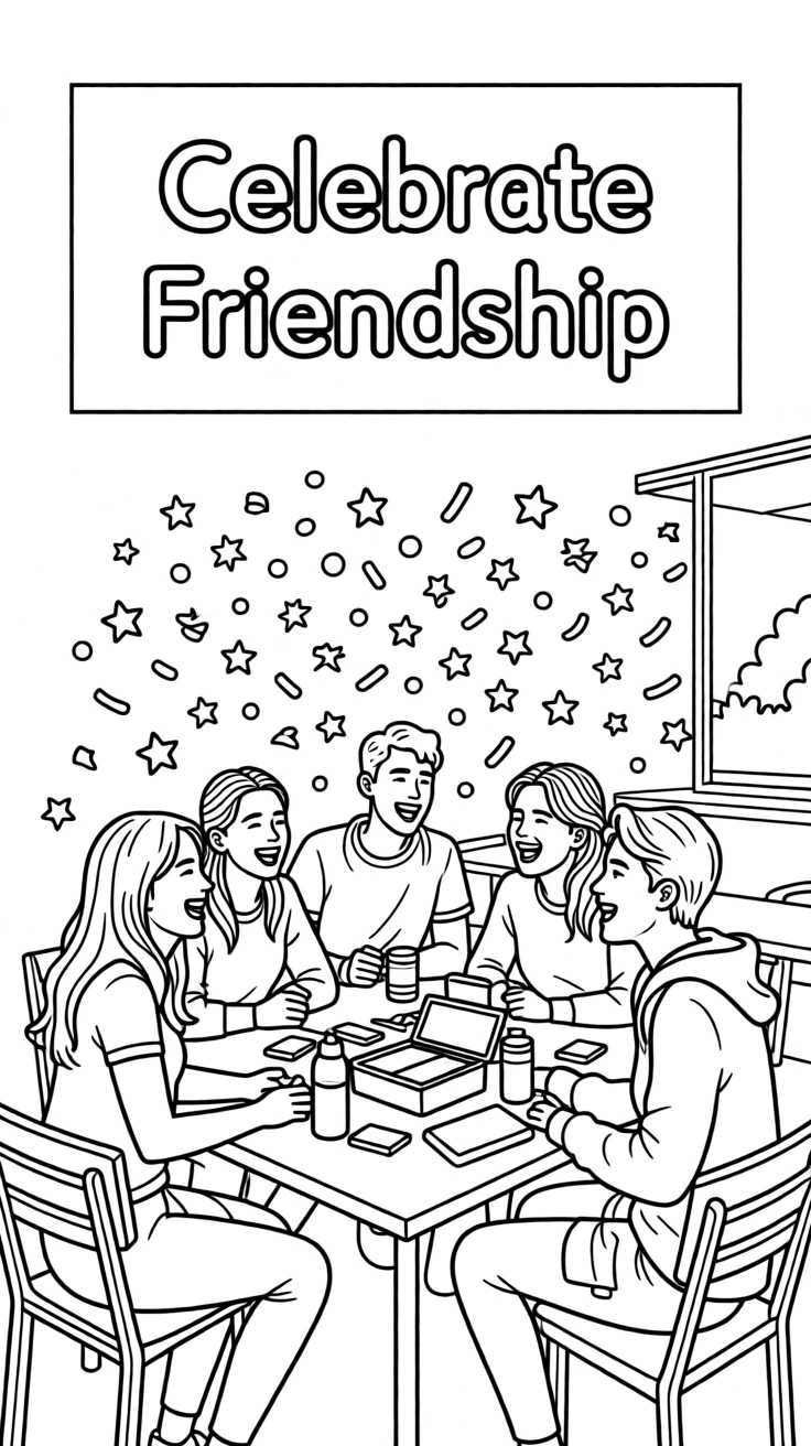 A group of friends laughing together at a lunch table, with confetti falling through the air.