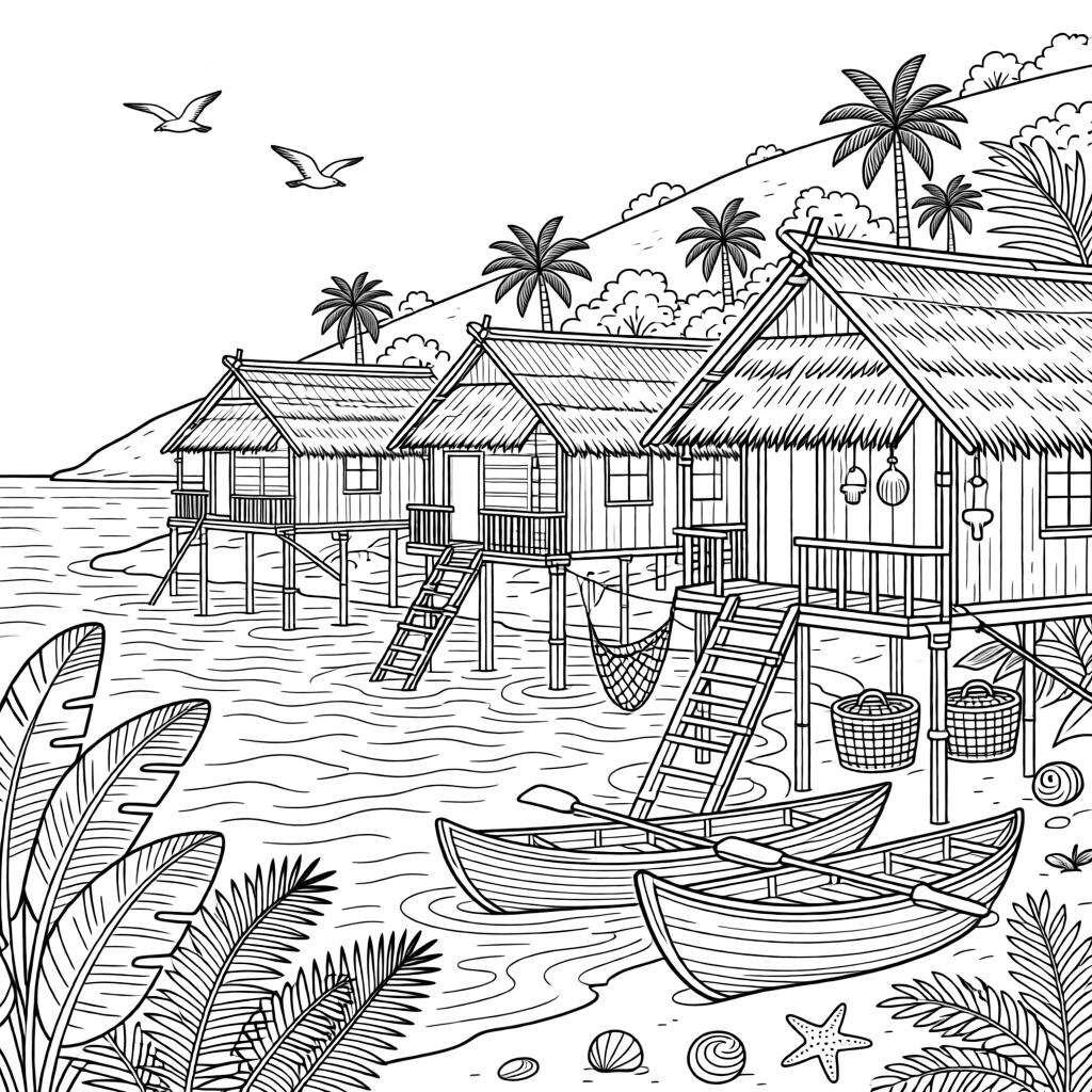 A traditional stilted fishing hut village along a tropical coastline.