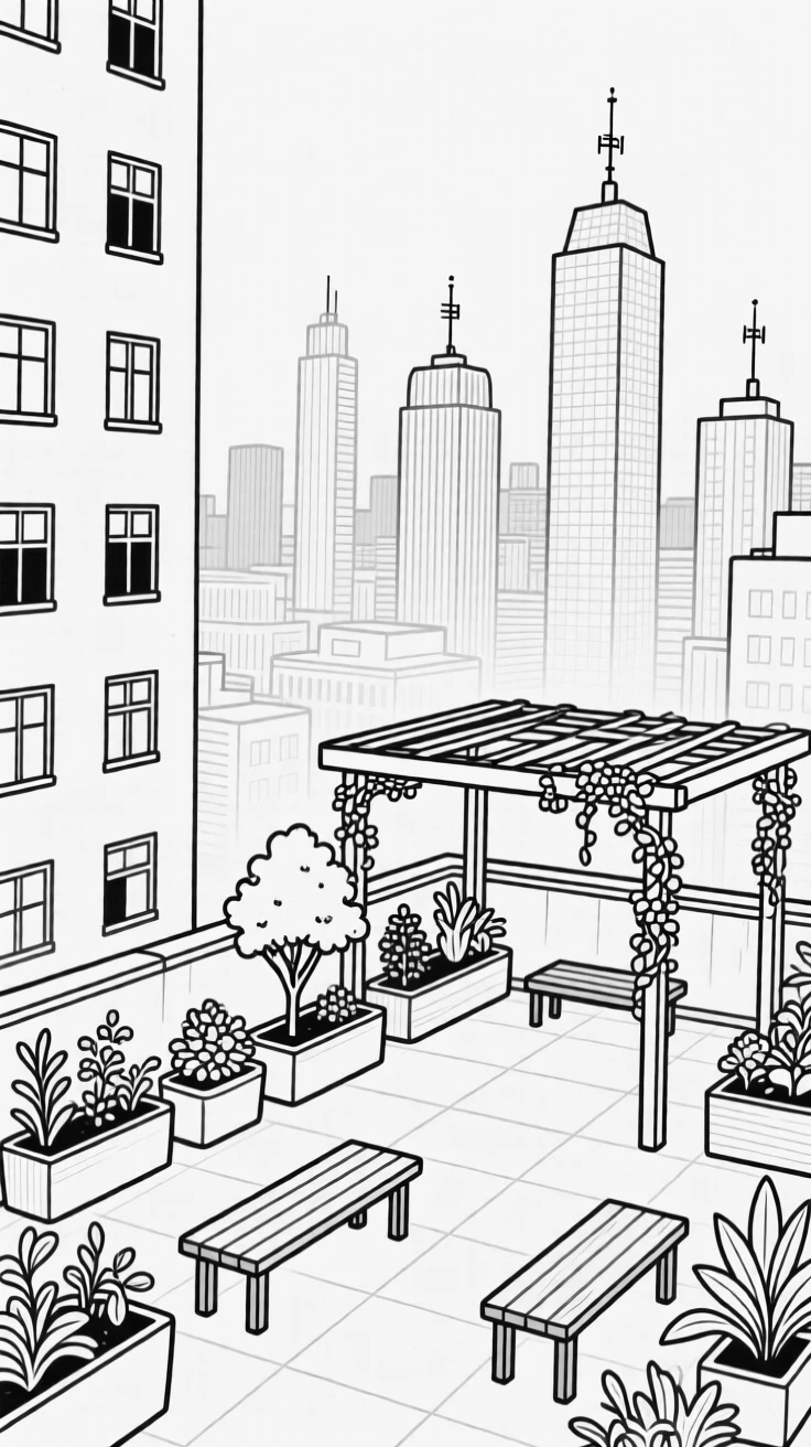 A rooftop garden overlooking a bustling city skyline