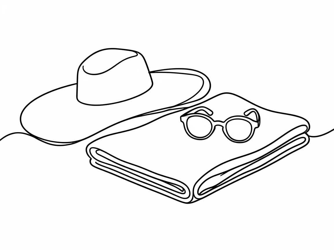 A wide-brimmed sun hat resting beside a pair of sunglasses on a beach towel