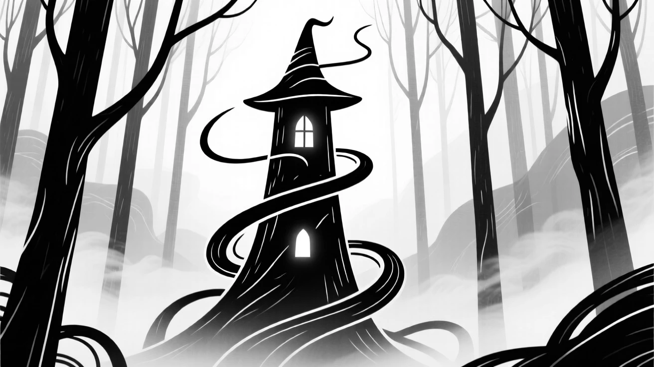 A wizard's tower rising from a misty forest, glowing windows lit with magic.