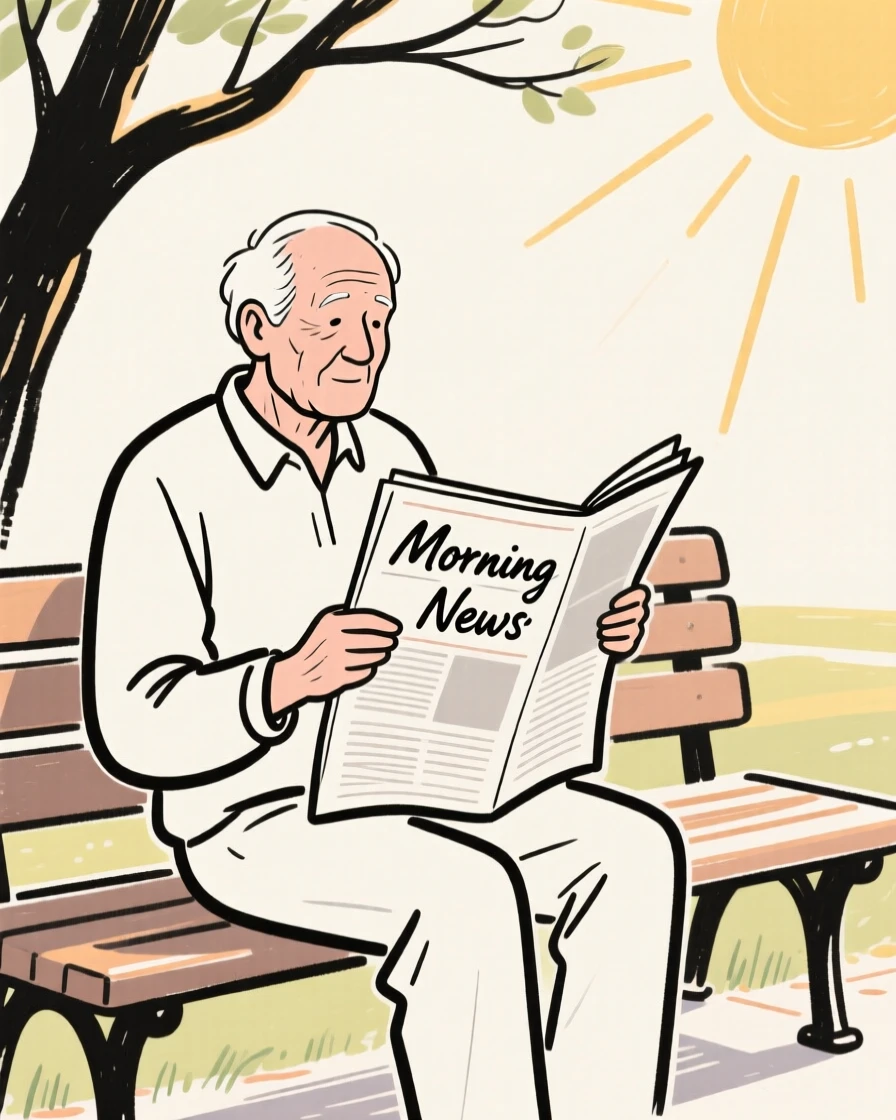 An elderly man reading a newspaper on a park bench in the morning sun.