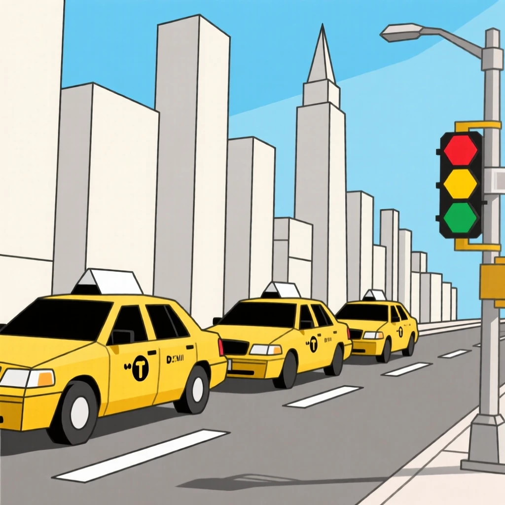 A bustling New York City street with yellow taxis