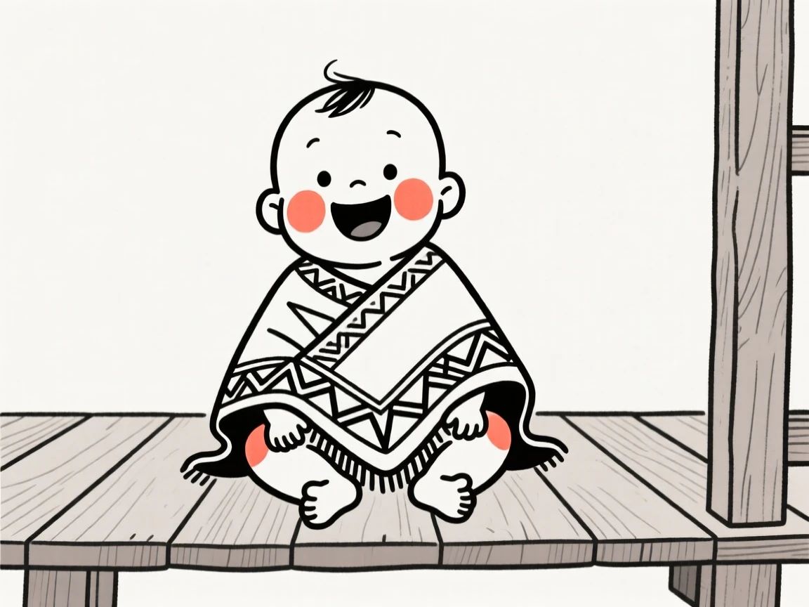 A giggling infant of Thai heritage wearing a Peruvian woven poncho, bursting with excitement, on a rustic wooden porch.
