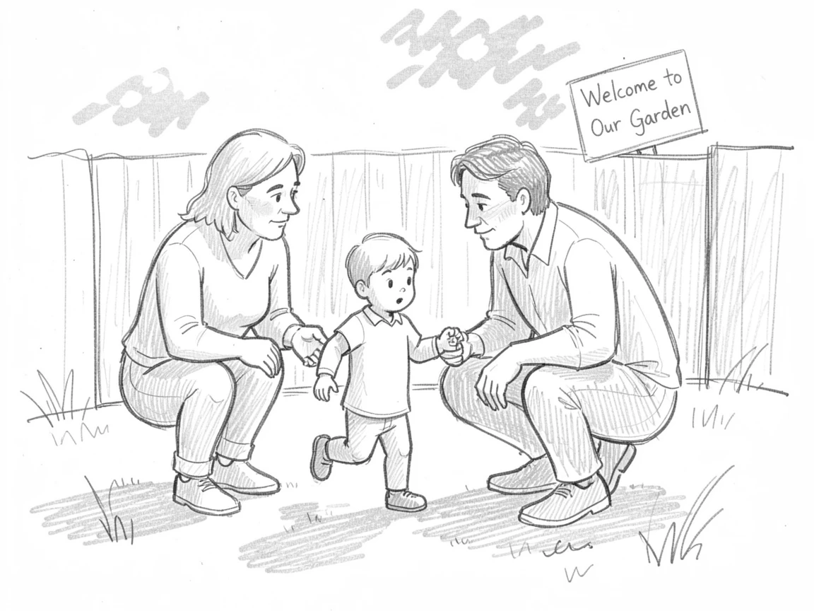 Parents watching their child take first steps, in a sunlit backyard, brimming with heartfelt love.